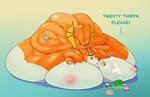 2023 3_toes 4_fingers absurd_res anthro arm_rolls back_fat bat belly big_belly big_breasts big_butt big_cheeks blobby breasts butt cake chest_tuft chubby_cheeks cinnamon_bun claws colored dessert digital_drawing_(artwork) digital_media_(artwork) double_chin doughnut dust:_an_elysian_tail english_text eyelashes fat_rolls feeding feet female fidget_(elysian_tail) fingers food fur gradient_background green_eyes hair hi_res huge_belly huge_breasts immobile jelly_(food) leg_rolls lying magic magic_user mammal membrane_(anatomy) membranous_wings morbidly_obese morbidly_obese_anthro morbidly_obese_female multicolored_body multicolored_fur nimbat nipples obese obese_anthro obese_female on_front onigiri open_mouth open_smile orange_body orange_fur orange_hair orange_tail orange_wings overweight overweight_anthro overweight_female pastry pink_nipples plate requesting rice roll_cake shaded short_hair simple_background smile softestcore solo spread_wings tail text thick_tail thick_thighs toe_claws toes tuft white_body white_fur wings