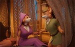 16:10 3d_(artwork) 5_fingers anthro bed bedroom big_breasts biped black_nose blender_(artwork) breasts brown_eyes canid canine canis cheek_tuft claws cleavage clothed clothing collar digital_media_(artwork) disney duo facial_tuft female fingers fox fur furniture hand_holding hi_res looking_at_viewer maid_marian male mammal mmad on_bed open_mouth orange_body orange_fur red_fox robin_hood robin_hood_(disney) sitting sitting_on_bed smile standing text true_fox tuft twitter username white_body white_fur widescreen