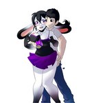 2016 anthro areola black_hair breasts clothed clothing colored digital_drawing_(artwork) digital_media_(artwork) duo f-ss female hair hand_on_breast hand_on_butt heart_symbol hi_res human lagomorph leporid male male/female mammal marbles_swiftfoot nipples purple_eyes rabbit simple_background story story_in_description