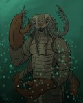 absurd_res ancient anthro arthropod bubble chelicerae claws hi_res male marine multi_arm multi_limb pincers prehistoric_species prompt sea sea_scorpion simple_background solo threatening underwater water yenocwolf