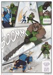 angry anthro arashi_(leobo) armor black_bottomwear black_clothing black_pants blue_armor bottomwear brown_body brown_fur canid canine clothing club_(weapon) comic dialogue dodging duo english_text felid fight five_frame_image fur giant_weapon green_armor green_bottomwear green_clothing green_pants halberd headgear helmet hi_res holding_object holding_weapon kotaro_(leobo) leobo male mammal markings mask melee_weapon pantherine pants polearm raccoon_dog shoulder_guards size_difference slam standing striped_markings striped_tail stripes swipe tail tail_markings tan_body tan_fur tanuki text tiger weapon