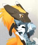 2017 aseethe black_nose blue_body blue_fur canid canine canis digital_media_(artwork) domestic_dog duo female feral fur male mammal markings orange_body orange_eyes orange_fur sergal simple_background smile spots spotted_body spotted_fur tail vivi_(aseethe) wesley_edinburough