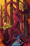 blonde_hair claws climbing demon duo female forest hair hex-grimoire hi_res horn humanoid kerata monster monster_girl_(genre) nude plant sharp_teeth short_hair shrub stripes teeth tree