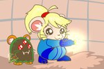 alternate_species blonde_hair blue_clothing blue_skinsuit clothing costume cricetid duo female feral fur hair hamster hamtaro_(series) hamus laser_cannon mammal metroid nintendo p5ych pashmina_(hamtaro) penelope_(hamtaro) ponytail rodent samus_aran skinsuit tight_clothing whiskers white_body white_fur