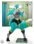 4_toes 5_fingers abs anthro artist_logo athletic_wear bathroom_scale big_muscles black_body black_claws black_fur blue_body blue_eyes blue_fur body_size_growth border bottomwear broad_shoulders bulge canid canine cheek_tuft claws clothing detailed_bulge digitigrade dipstick_tail dragoncrescent dropping_object expansion facial_tuft feet finger_claws fingers footwear fox fur furgonomic_footwear furgonomics genital_expansion genital_outline genitals gloves_(marking) growth gym_bottomwear gym_shorts gym_shower head_tuft heelless_socks leg_markings logo looking_at_hands male mammal markings metric_fox_(metricfox) mid_transformation motion_lines multicolored_body multicolored_fur muscle_growth muscular muscular_anthro muscular_male open_mouth paws pecs penis penis_outline penis_visible_through_clothing pill_bottle shaded shirt shocked shorts size_transformation socks socks_(marking) solo standing story story_in_description surprised tail tail_markings tank_top teeth thick_thighs tight_clothing toe_claws toeless_footwear toeless_socks toes tongue topwear transformation tuft white_body white_border white_fur wide_eyed wristband yellow_markings yellow_penis