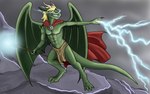 abs anthro blonde_hair bottomwear cape clothed clothing dragon electricity fangs glowing glowing_eyes green_body green_tail green_wings hair holding_object holding_staff horn lightning loincloth magic_user male membrane_(anatomy) membranous_wings mythological_creature mythological_scalie mythology navel outside pecs red_cape red_clothing rock scalie solo staff standing tail tan_bottomwear tan_clothing tan_loincloth teeth tiggybloom white_horn wings