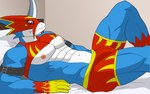 Rating: q
ID: 5609854
Date: 2025-05-30 17:25:26 -0400
Status: active
Score: 8
abs anthro armor bandai_namco bed bedroom blue_body blue_skin boxers_(clothing) bulge cel_shading clothing digimon digimon_(species) drakorg flamedramon furniture gloves handwear hi_res horn looking_at_viewer male markings mask muscular muscular_anthro muscular_male nipples pecs red_armor shaded solo underwear yellow_markings post #5609854