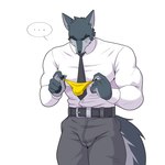 1:1 anthro belt black_body bottomwear briefs bulge business_suit canid canine canis clothing embarrassed front_view furtissier hi_res looking_down male mammal muscular muscular_male necktie pants shirt simple_background solo standing suit topwear underwear white_clothing white_shirt white_topwear wolf yellow_briefs yellow_clothing yellow_underwear