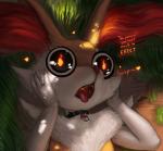 2018 ambiguous_gender anthro big_eyes braixen canid canine dialogue digital_media_(artwork) dirty_talk english_text female_(lore) generation_6_pokemon googly_eyes grass heart_symbol mammal nintendo open_mouth photonoko plant pokemon pokemon_(species) solo soul_devouring_eyes text tongue tongue_out what