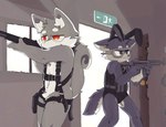 anthro br_eaduck canid canine canis clothed clothing duo eyewear fake_ears fake_rabbit_ears featureless_crotch goggles gun harness hi_res male mammal ranged_weapon shotgun skimpy standing submachine_gun weapon wolf