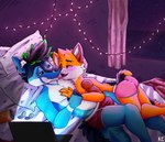 absurd_res anthro bed blue_body blue_fur blush boyfriends bulge butt canid canine canis clothed clothing domestic_cat duo enjoying felid feline felis fur furniture grab_handle hi_res hug inside katxfish katxlogan kiss_on_lips kissing lights love lying male male/male mammal night on_back on_front orange_body orange_fur pringles_can relaxing underwear underwear_only watching_movie window wolf yellow_body yellow_fur