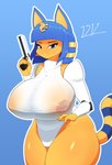 2024 4_fingers absurd_res animal_crossing ankha_(animal_crossing) anthro areola big_breasts blue_eyes blue_hair breasts brown_areola clothed clothing cosplay domestic_cat felid feline felis female fingers fur gun hair haydee_(game) hi_res holding_object holding_weapon huge_breasts i3i2455_ivi394 looking_at_viewer mammal nintendo nipple_outline nipples ranged_weapon simple_background solo tail thick_thighs weapon wet wet_clothing wide_hips yellow_body yellow_fur