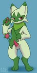 absurd_res animal_genitalia animal_penis anthro feline_genitalia feline_penis floragato fur generation_9_pokemon genitals green_body green_fur hi_res male mr.albafox nintendo penile_spines penis pokemon pokemon_(species) solo tapering_penis