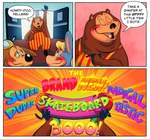 2023 anthro bear billy_bob_brockali brown_bear brown_body brown_fur canid canine canis clothed clothing comic creative_engineering_incorporated daisiloou detailed_background dialogue digital_media_(artwork) domestic_dog dook_larue english_text female fur grizzly_bear hair hi_res makeup male mammal mitzi_mozzarella mouse murid murine overweight overweight_male presenting rodent showbiz_pizza_place simple_background skateboard text the_rock-afire_explosion ursine vehicle