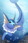 2:3 ambiguous_gender blue_body eeveelution frill_(anatomy) generation_1_pokemon hi_res nintendo paws pokemon pokemon_(species) pupils quadruped rumine smile solo thick_thighs underwater vaporeon water