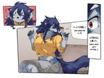 absurd_res anthro canid canine clothing comic dialogue english_text female furniture hi_res inside japanese_text mammal mythological_canine mythological_creature mythology red_eyes rekidesu sofa solo stretching surprise text tsukiko_(rekidesu) waking_up werecanid werecanine werecreature werewolf