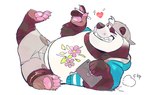 2022 anklet anthro barefoot bear bottomwear clothed clothing drawing_tablet electronics feet fully_clothed giant_panda hair hair_through_hat heart_symbol hoodie jewelry lying male mammal on_side pawpads raised_leg shorts simple_background smile solo super-tuler tairu topwear white_background