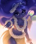 absurd_res anthro anthrofied bandeau blue_eyes blue_hair blue_theme blurred_background clothing cosmic_hair equid equine ethereal_hair female floral floral_grass_skirt flower flower_bracelet flower_garland friendship_is_magic garland grass_skirt hair hasbro hi_res horn katputze lei looking_at_viewer mammal my_little_pony mythological_creature mythological_equine mythology navel plant pose princess_luna_(mlp) pseudo_hair solo sparkles topwear winged_unicorn wings