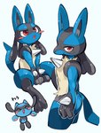 aaarkgkaaa absurd_res ambiguous_gender anthro blue_body butt generation_4_pokemon hi_res japanese_text lucario navel nintendo pokemon pokemon_(species) red_eyes riolu side_butt side_view simple_background sitting smile standing tail text white_background