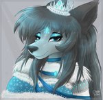 2019 anthro artist_name bangs bedroom_eyes black_eyebrows black_nose blue_clothing blue_collar blue_dress blue_eyes bust_portrait canid canine canis clothing collar crown digital_drawing_(artwork) digital_media_(artwork) dress eyebrows eyelashes female fur fur_trim_(clothing) grey_background grey_body grey_fur grey_hair hair headgear icon long_hair looking_at_viewer mammal narrowed_eyes portrait rakkyoarts seductive simple_background smile smiling_at_viewer solo wolf