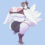 1:1 2023 anthro avian beak big_breasts blue_background breasts brown_hair bulge chocobo digital_media_(artwork) feathers feet final_fantasy gynomorph hair hi_res huge_breasts intersex nipples on_one_leg open_mouth overweight overweight_gynomorph overweight_intersex simple_background smile solo square_enix standing subakitsu talons toes white_body white_feathers