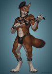 2024 4_toes 5_fingers abs ankle_cuffs anthro athletic athletic_anthro athletic_male bared_teeth bdsm_gear beret big_bulge black_claws black_lips black_nose black_pawpads blue_eyes broad_shoulders brown_body brown_fur bruma_(rinzazen) bulge canid canine canis chest_harness claws clothing collar cuff_(restraint) d-ring deusexmoose digitigrade ethiopian_wolf feet finger_claws fingers fluffy fluffy_tail fur harness harness_ring hat hat_on_ear headgear headwear hi_res holding_object holding_riding_crop holding_whip leather leather_ankle_cuffs leather_clothing leather_collar leather_cuffs leather_harness leather_thong leather_underwear leather_wrist_cuffs lips looking_at_viewer male mammal pawpads paws restraints riding_crop shaded signature simple_background solo standing tail teeth thong tight_clothing toe_claws toes underwear whip white_body white_fur wolf wrist_cuffs