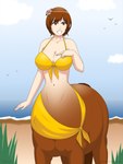 3:4 accessory beach big_breasts bikini breasts brown_body brown_eyes brown_fur brown_hair brown_tail centaur clothing cloud coreldraw_(artwork) digital_media_(artwork) equid equid_taur european_mythology female flower flower_in_hair fur greek_mythology group hair hair_accessory hand_on_breast hi_res humanoid_taur light_body light_skin mammal mammal_taur mythology phantom_inker plant sea seaside short_hair smile solo_focus swimwear tail taur two-piece_swimsuit water