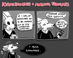 3_panel_comic anthro bat cellphone cheek_tuft dialogue electronics english_text eyes_closed facial_tuft fangs greyscale half-closed_eyes humor kerchief long_sleeve_shirt long_sleeves male mammal monochrome narrowed_eyes neckerchief neckwear phone profanity sins_(sinsquest) sinsquest smartphone solo spade_tail speech_bubble tail teeth text trans_(lore) trans_man_(lore) tuft wide_eyed