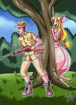 2017 anthro behind_tree black_nose blonde_hair blue_sky breasts cleavage clothed clothed/nude clothed_male clothing cloud duo eyelashes female footwear grass gun hair hat headgear headwear hi_res hiding_breasts human hunter kangaroo kyo-domesticfucker macropod male male/female mammal marsupial mature_anthro mature_female nude nude_female paws plant ponytail pouch_(anatomy) ranged_weapon rifle shoes shrub sky sniper_rifle thick_thighs tree weapon wide_hips