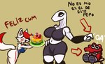 anthro arturfox big_breasts birthday bottomwear breasts cake canid canine chara_senko_yukimoto clothing dessert dinosaur female food fox group hair k.o.mondo mammal navel prehistoric_species red_body red_hair reptile scalie shirt shorts spanish_text text topwear trio white_body