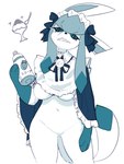 anthro blue_body bottomless bottomless_anthro bottomless_female breasts clothed clothing eeveelution featureless_breasts featureless_crotch female generation_4_pokemon glaceon hair hi_res kame_3 maid_uniform mammal navel nintendo pokemon pokemon_(species) simple_background solo tea_party_style_glaceon text translated uniform white_background