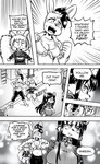 ?! anthro breasts cleavage cleavage_cutout clothed clothing comic cookie_(furryfight_chronicles) cutout daigaijin dialogue english_text female fur furryfight_chronicles group hair hi_res kalita_(furryfight_chronicles) lagomorph leporid mammal midriff monochrome muko navel rabbit rodent sciurid text tree_squirrel