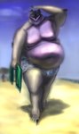 absurd_res anthro beach belly big_belly clothed clothing dragon drakei hi_res huge_belly male moobs mythological_creature mythological_scalie mythology obese overweight overweight_male purple_body sand scalie solo underwear underwear_only walking_towards_viewer