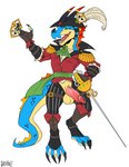 2023 2_horns 4_toes 5_fingers absurd_res anthro armor artist_name balls bard belt belt_buckle bent_arm black_bottomwear black_claws black_clothing black_eyebrows black_hat black_headwear black_horn black_pants blue_body blue_scales blue_tail boots bottomwear brown_belt brown_boots brown_clothing brown_footwear brown_gloves brown_handwear buckle button_(fastener) card cheek_spikes claws cloacal_penis clothed clothed_anthro clothed_male clothing digital_drawing_(artwork) digital_media_(artwork) dress_shirt epaulet erection eyebrows facial_horn facial_spikes fangs feather_hat feet fencing_foil finger_claws fingerless_gloves fingers flat_colors footwear gauntlets genitals gloves green_eyes green_sash handwear hat headgear headwear hi_res holding_cards holding_fencing_foil holding_melee_weapon holding_object holding_weapon horn jerichoe knot knotted_penis kobold long_tail male male_anthro melee_weapon nose_horn open_bottomwear open_clothing open_mouth open_pants open_smile pants pathfinder pattern_bottomwear pattern_clothing pattern_pants penis pink_penis pink_tongue red_clothing red_suit sash scales shirt shoes smile solo spikes spikes_(anatomy) standing striped_bottomwear striped_clothing striped_pants stripes suit swashbuckler tail teeth toe_claws toes tongue topwear weapon white_dress_shirt yellow_balls yellow_body yellow_scales yellow_tail