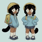 backpack black_hair bottomwear canid canine clothed clothing dark_body dark_skin eyewear female fully_clothed glasses gorarati hair hat headgear headwear hi_res humanoid kindergarten_uniform looking_at_viewer mammal personal_alarm school_uniform simple_background skirt solo tail uniform young