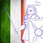 1:1 anthro armor blackbetty bottomwear canid canine canis clothing female italian_flag italy legionary legionnaire mammal melee_weapon pilum polearm roman scutum shield skirt solo spear text uniform weapon wolf