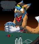 anthro blue_hair canid canine catmonkshiro clean_diaper clothed clothing diaper english_text fox hair happy hi_res hybrid hyena hyox laxative male mammal markings pantsless poker poker_chip poker_table smile smug solo spots spotted_body text tokky wearing_diaper