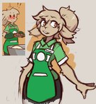 2024 anthro apron bovid brown_eyes caprine clothing female fur green_clothing green_shirt green_topwear hair hair_bun mammal mewgle name_tag redraw sheep shirt simple_background solo tan_body tan_fur text topwear unknown_character