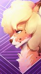 9:16 abstract_background ambiguous_gender anthro blonde_hair blue_eyes brown_nose canid chest_tuft dipstick_ears ear_markings facial_spots fur hair hi_res lionfloof mammal mouth_closed multicolored_ears orange_body orange_fur side_view solo spotted_ears spotted_face tuft white_body white_fur