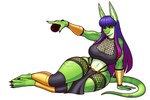 2024 3:2 alien anthro arm_support big_breasts blazbaros bottomwear breasts clothing electronics feet female green_body hair legwear lizard loincloth long_hair microphone midriff navel orange_eyes pink_hair pose purple_hair reptile scalie solo thick_thighs wide_hips yokozuwari