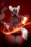 anthro black_hair breasts canid canine canis chinese_crested_dog cigarette clothed clothing demicoeur digital_media_(artwork) domestic_dog fangs female fishnet_clothing fishnet_topwear hair hairless hairless_dog holding_cigarette holding_object magic mammal nipples open_mouth open_smile sixty skimpy smile smoke smoking solo tail tail_tuft teeth topwear toy_dog translucent translucent_clothing tuft vampire white_hair