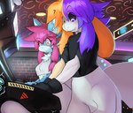 2024 anthro arcade arcade_machine black_clothing black_gloves black_handwear black_sclera black_shirt black_topwear blue_body blue_fur boss_monster_(undertale) bound breasts canid canine clothing detailed_background duo encasement female femboy fox fur gloves green_eyes hair handwear heterochromia hybrid j8-bit_(cakebatterbossmonster) latex looking_down male mammal multicolored_body multicolored_fur multicolored_hair niri_(cakebatterbossmonster) orange_eyes orange_hair ozoneserpent purple_eyes purple_hair red_hair shirt small_breasts tail tan_body tan_fur topwear two_tone_body two_tone_fur two_tone_hair white_body white_fur white_latex