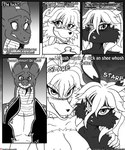 2018 absurd_res anthro blake_sinclair blush bodily_fluids breasts canid canine choker clothed clothing comic dragon drunk english_text female fox group hair hi_res horn if_hell_had_a_taste jewelry lagomorph leporid male mammal monochrome muscular muscular_anthro muscular_male mythological_creature mythological_scalie mythology necklace nipples notched_ear open_mouth profanity rabbit scales scalie scar shirt skylar_fidchell substance_intoxication sweat text tiffany_brewwer topless topless_female topwear trio viroveteruscy