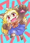 2018 akuma_gaoru anthro blonde_hair blue_clothing blue_dress canid canine canis clothing dress female fur futaba_channel grey_body grey_fur hair hakuyou japanese_text mammal open_mouth pawpads red_eyes red_ribbon solo text white_face young young_anthro young_female