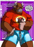 2009 anthro bob_buffalo bob_buffalo_(bob) brown_body brown_eyes brown_fur buffalo bulge clothing english_text fur hi_res male muscular muscular_male shirt solo speech_bubble swimming_trunks swimwear text tomcat_(artist) topwear