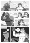 anthro blackmailz canid canine canis comic dialogue domestic_dog english_text felid food fur gray_(blackmailz) hector_(blackmailz) hi_res ivan_(blackmailz) laugh male mammal monochrome pantherine sitting text tiger