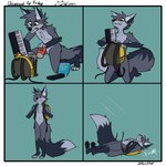 1:1 4_toes 5_fingers anthro backpack base_two_layout bite biting_own_tongue black_nose border brown_eyes canid canine comic dipstick_ears dipstick_tail ear_markings english_text falling_over featureless_crotch feet fingers food four_frame_grid four_frame_image fox fur grey_body grey_fur grid_layout hi_res holding_object keyboard_instrument kneeling lying male mammal markings multicolored_body multicolored_ears multicolored_fur musical_instrument nude on_back pink_tongue plushie regular_grid_layout self_bite simple_background solo standing starrffax starrffax_(fox_sona) tail tail_markings text toes tongue tongue_bite tongue_out two_row_layout two_tone_body two_tone_fur white_border