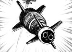 2023 >:3 aircraft airplane alternate_form alternate_species ambiguous_gender bellabot black_and_white dire_machine hatching_(art) hi_res hladilnik humor jet living_machine living_missile machine midair missile monochrome motion_lines null pudu_robotics robot screen screen_face shaded simple_background vehicle white_background