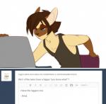 anthro arno_(peritian) ask_blog chair clothing computer domestic_cat electronics english_text felid feline felis furniture laptop male mammal peritian shirt siamese solo suggestive tank_top text topwear tumblr user_avatar