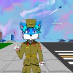 1:1 absurd_res aircraft airplane army blue_eyes blue_hair bomber bujianjun canid canine canis cccp clothed clothing field fighter_plane fur hair hat headgear headwear hi_res male mammal medal qikeran russian sky solo soviet_union tank vehicle white_body white_fur wolf